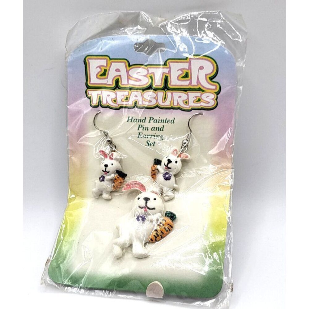 NWT Easter Treasures Hand Painted Earring Brooch Set Demi Parure Bunnies - desc